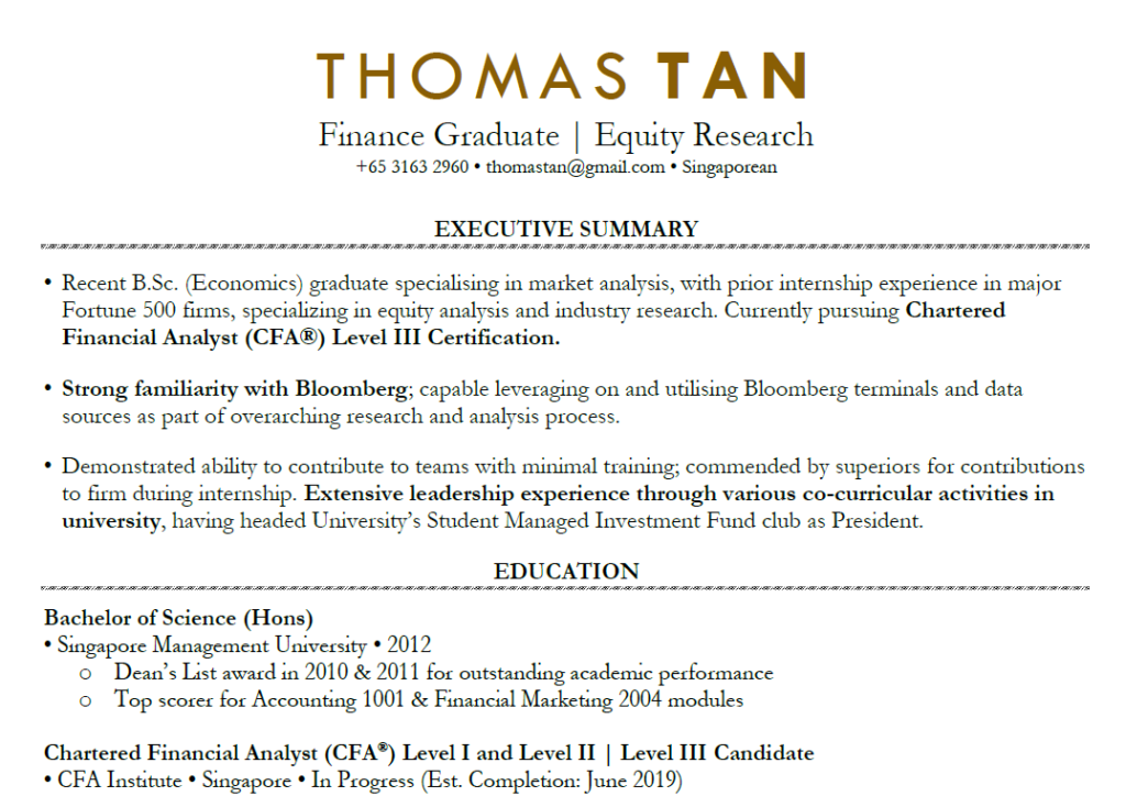 Fresh Graduate Resume Sample Singapore Cv Template